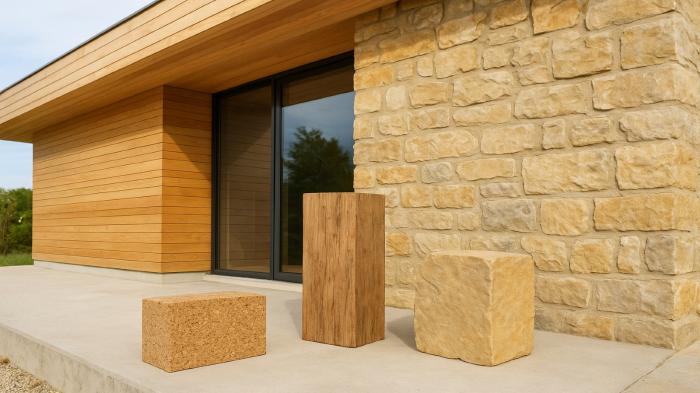 Φωτογραφία με φυσικά οικολογικά δομικά υλικά όπως ξύλο, φελλό και πέτρα σε σύγχρ Φωτογραφία με φυσικά οικολογικά δομικά υλικά όπως ξύλο, φελλό και πέτρα σε σύγχρονη κατοικία.